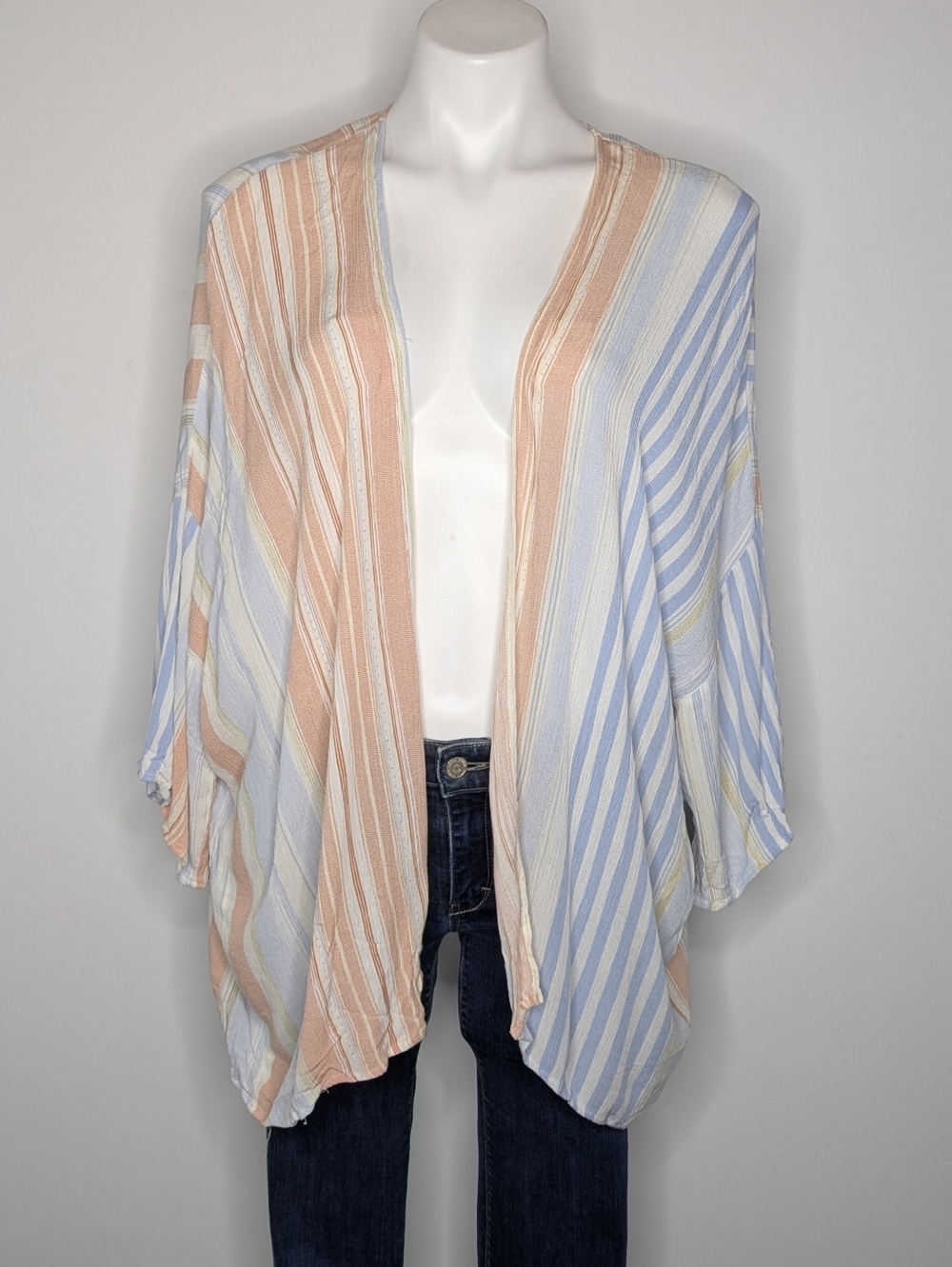 Bishop + Young Blue White Peach Striped Lightweight Short Sleeve Open Cardigan M